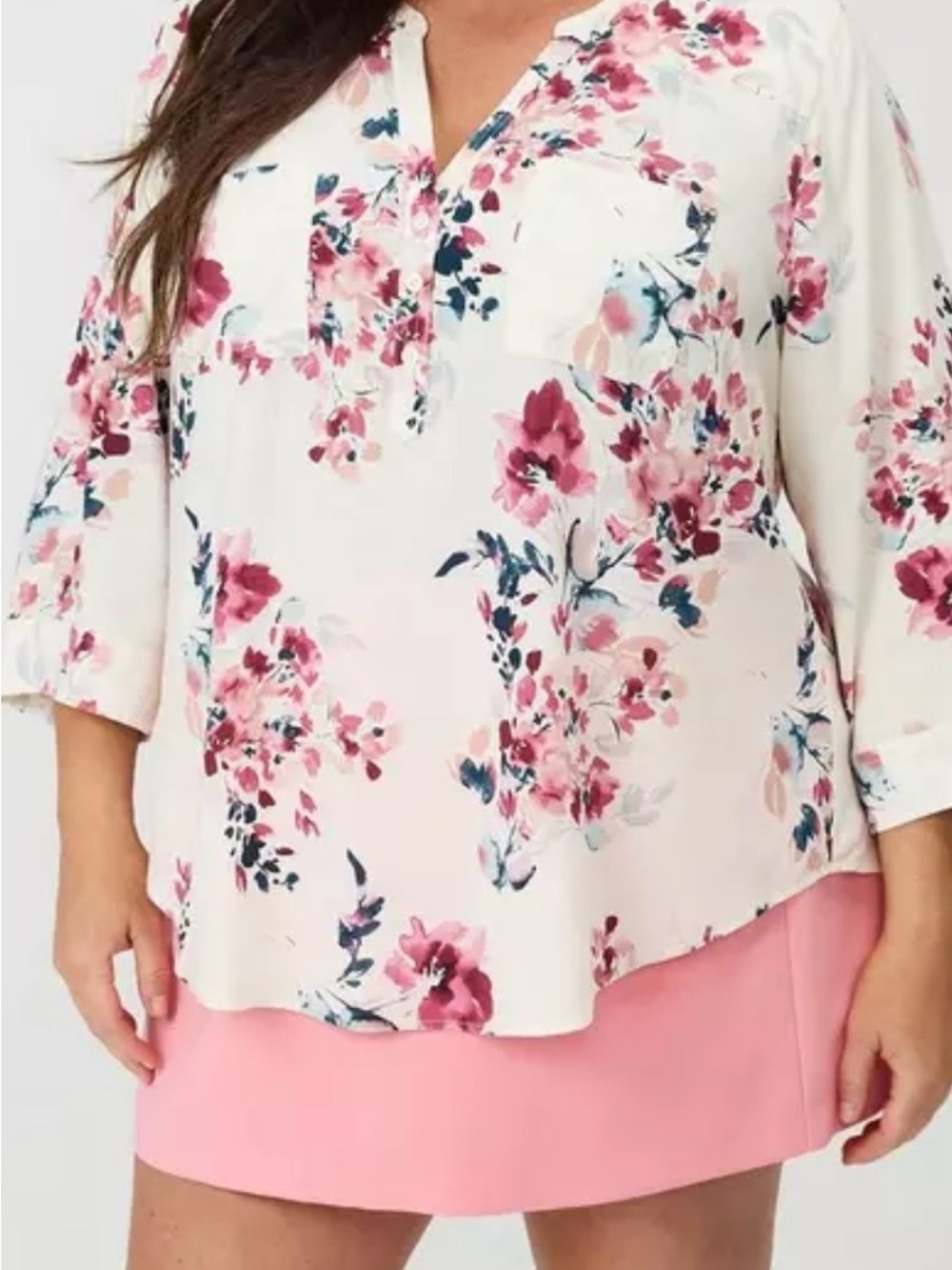 torrid Cream Floral Split V-Neck Blouse with Pink and Navy Accents